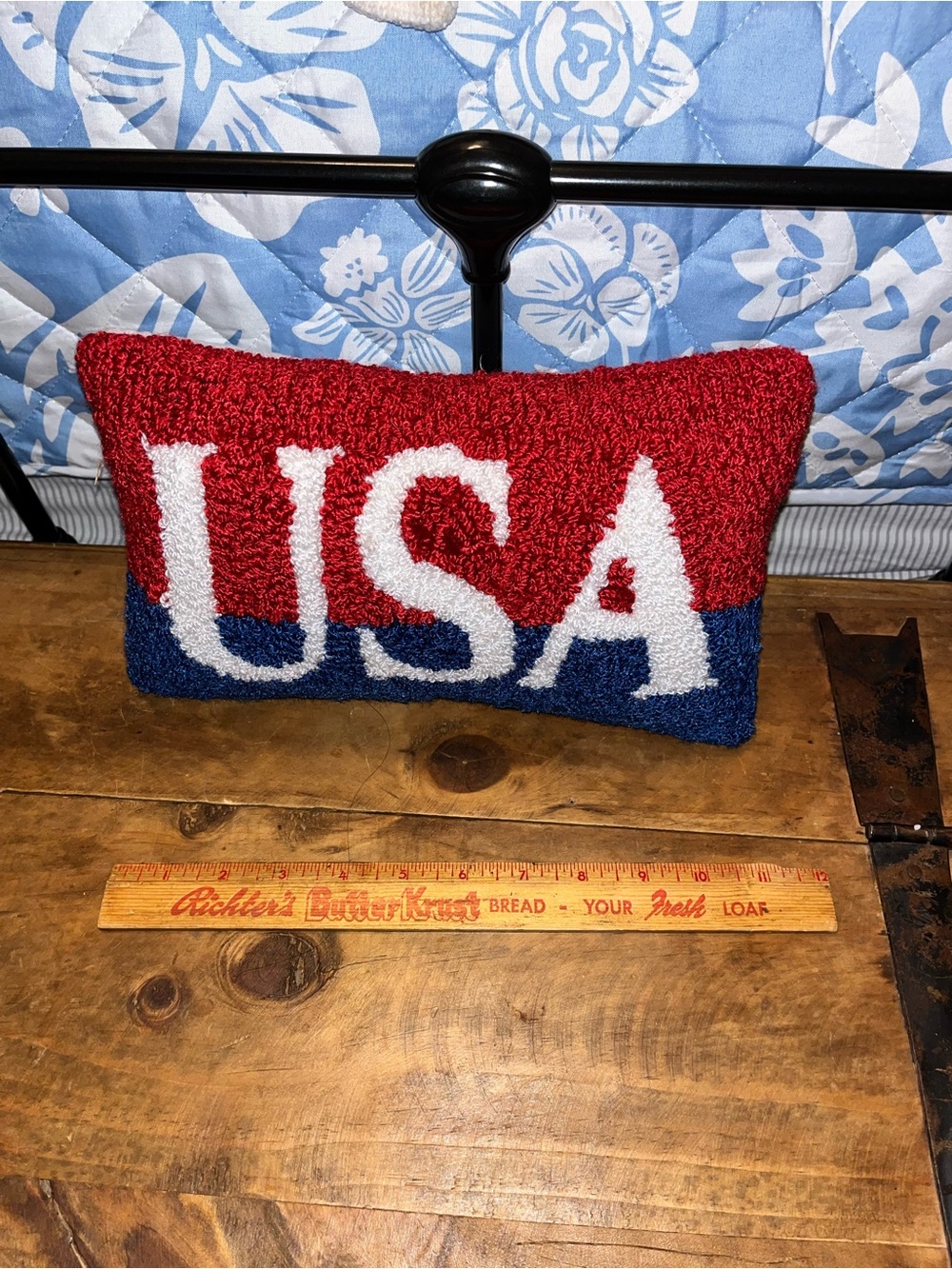 Patriotic USA Hooked Pillow - Red, White & Blue